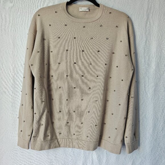 BRUNELLO CUCINELLI 100% Cashmere Embellished Knit Sweater with Beads Beige Large - Picture 1 of 10